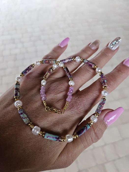 Naszyjnik kamienie naturalne Perły naturalne Jaspis Cesarski Hematyt