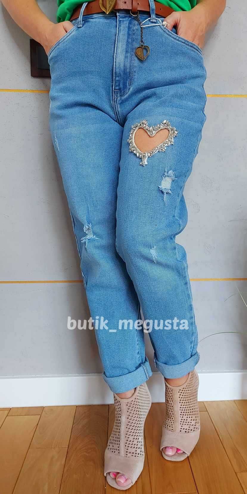 SPODNIE JEANSY Boyfriend Serce Kryształki Cyrkonie M L XL 2XL 3XL