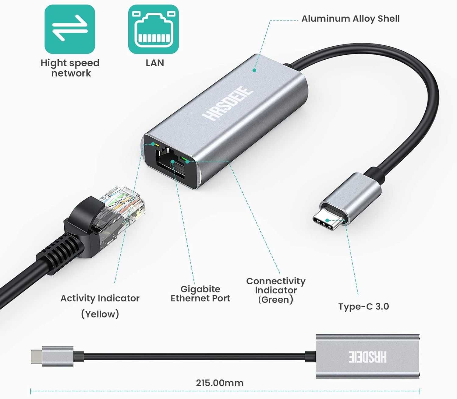 Adapter USB-C Na Ethernet RJ45 1000Mbps HRSDEIE