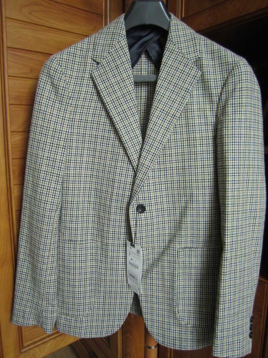 Blazer marynarka męska ZARA bawełna / len krata roz S 44/46 nowa