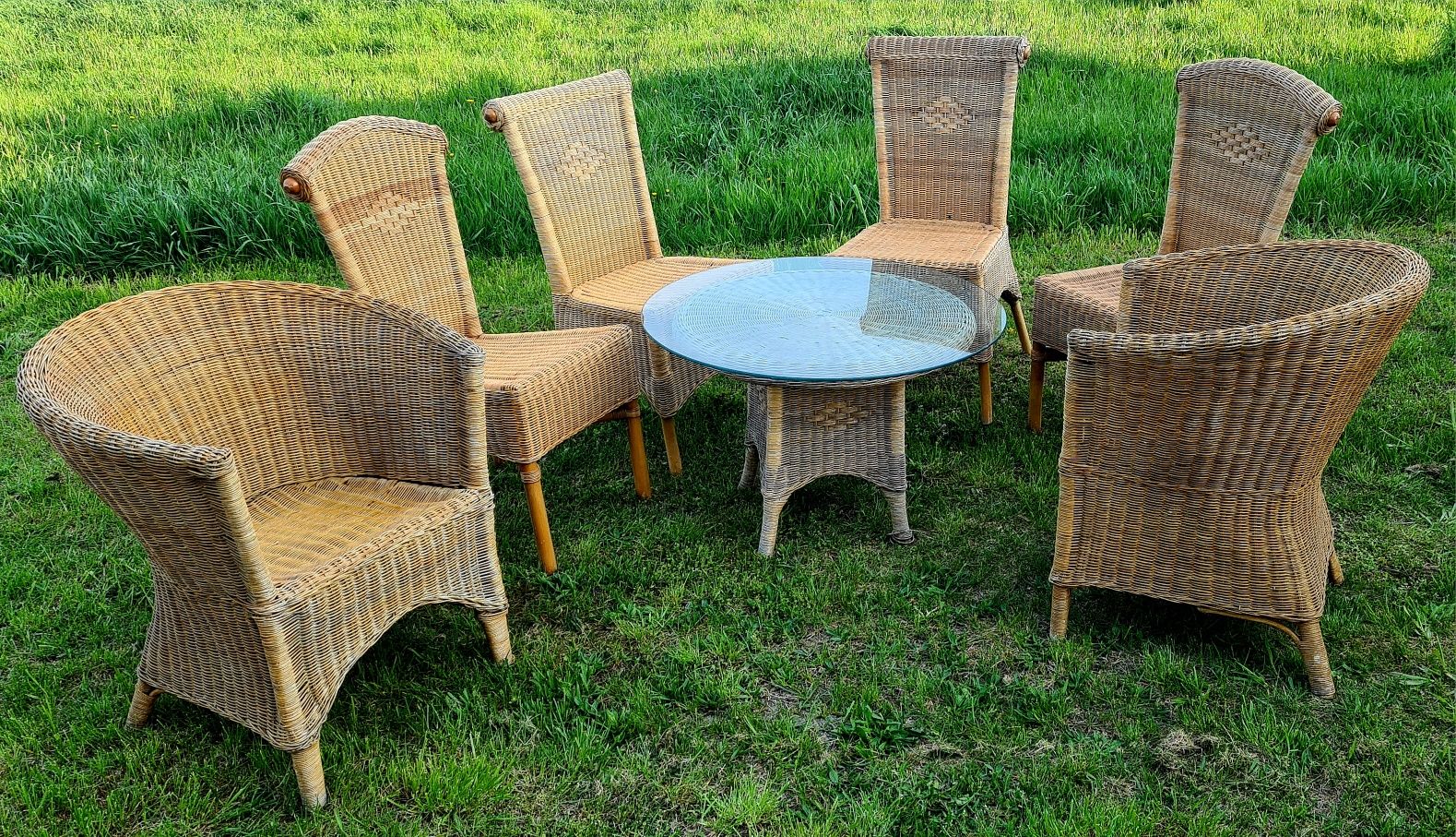 Zestaw mebli rattanowych naturalny ratan 4 krzesła stoli 2 fotele