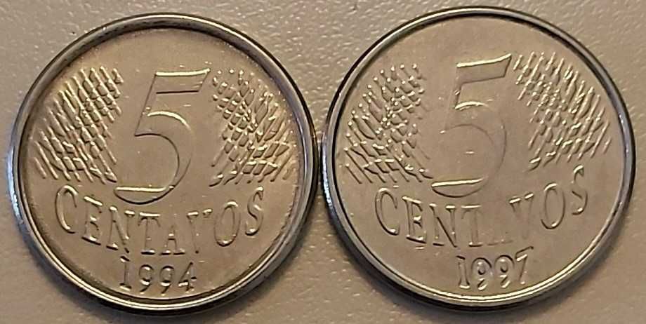 Lote 2 moedas de 5 Centavos de 1994 e 1997, do  Brasil, antigas