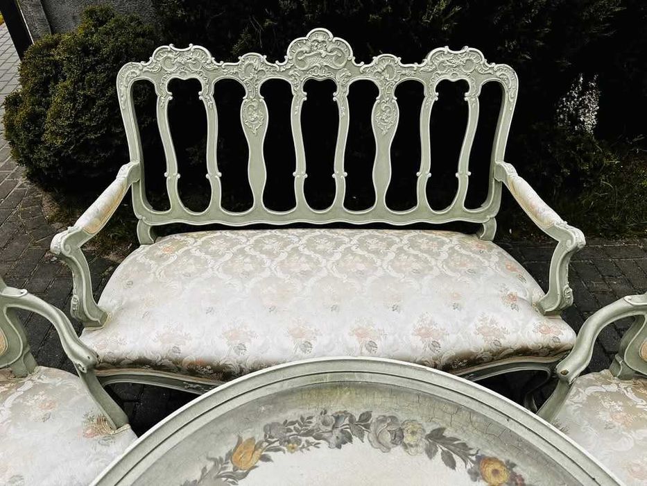 Miętowy komplet wypoczynkowy ludwikowy stół krzesła ławka antyk