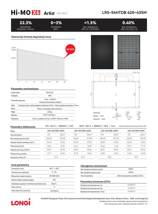 Moduł Panel Fotowoltaiczny Longi 425 Ultra Black Warszawa [BRUTTO]