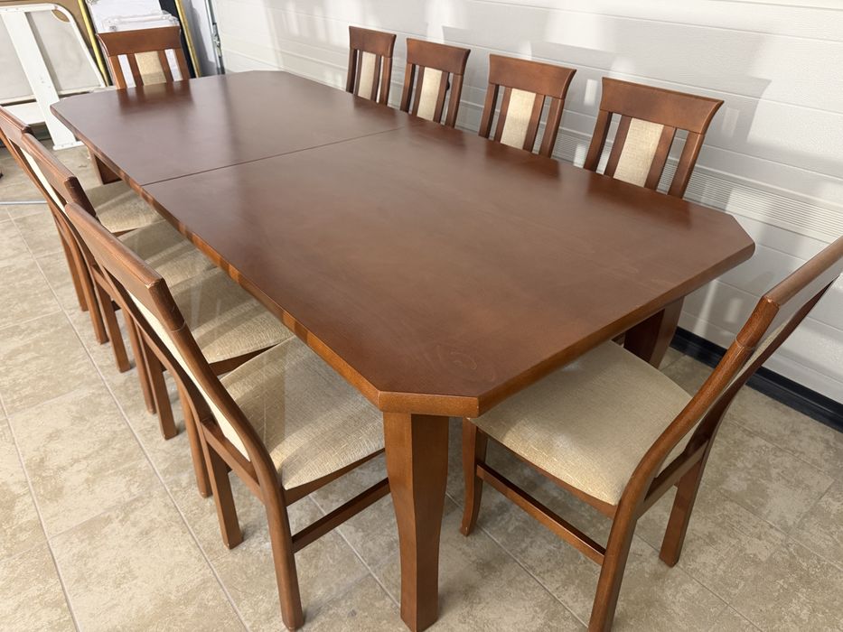 Duży stół drewniany rozkładany 240–300 cm + 10 krzeseł