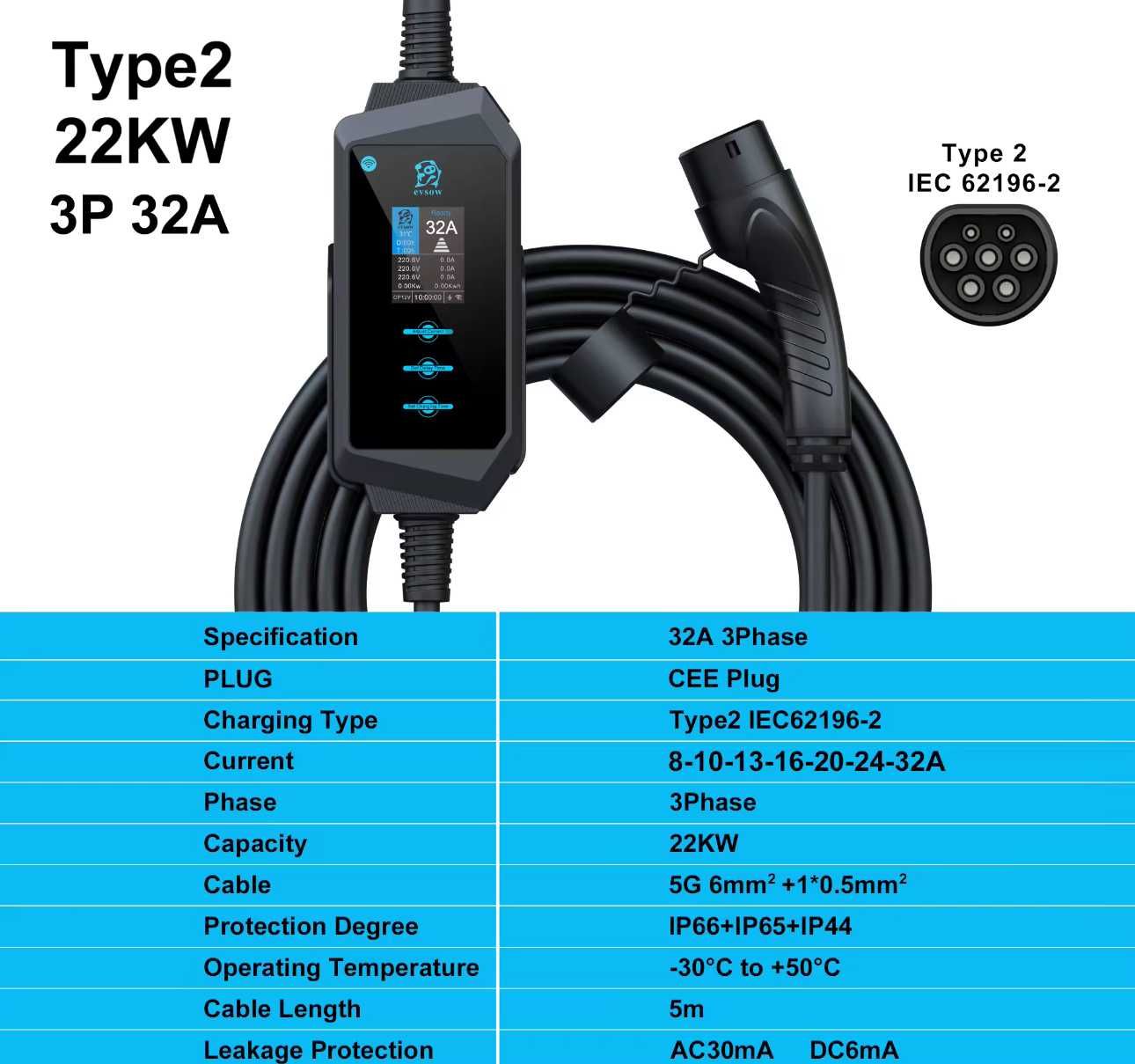 Carregador Portátil 22 kw - 32A - Trifasico c/APP -Eletricos/ Hibridos