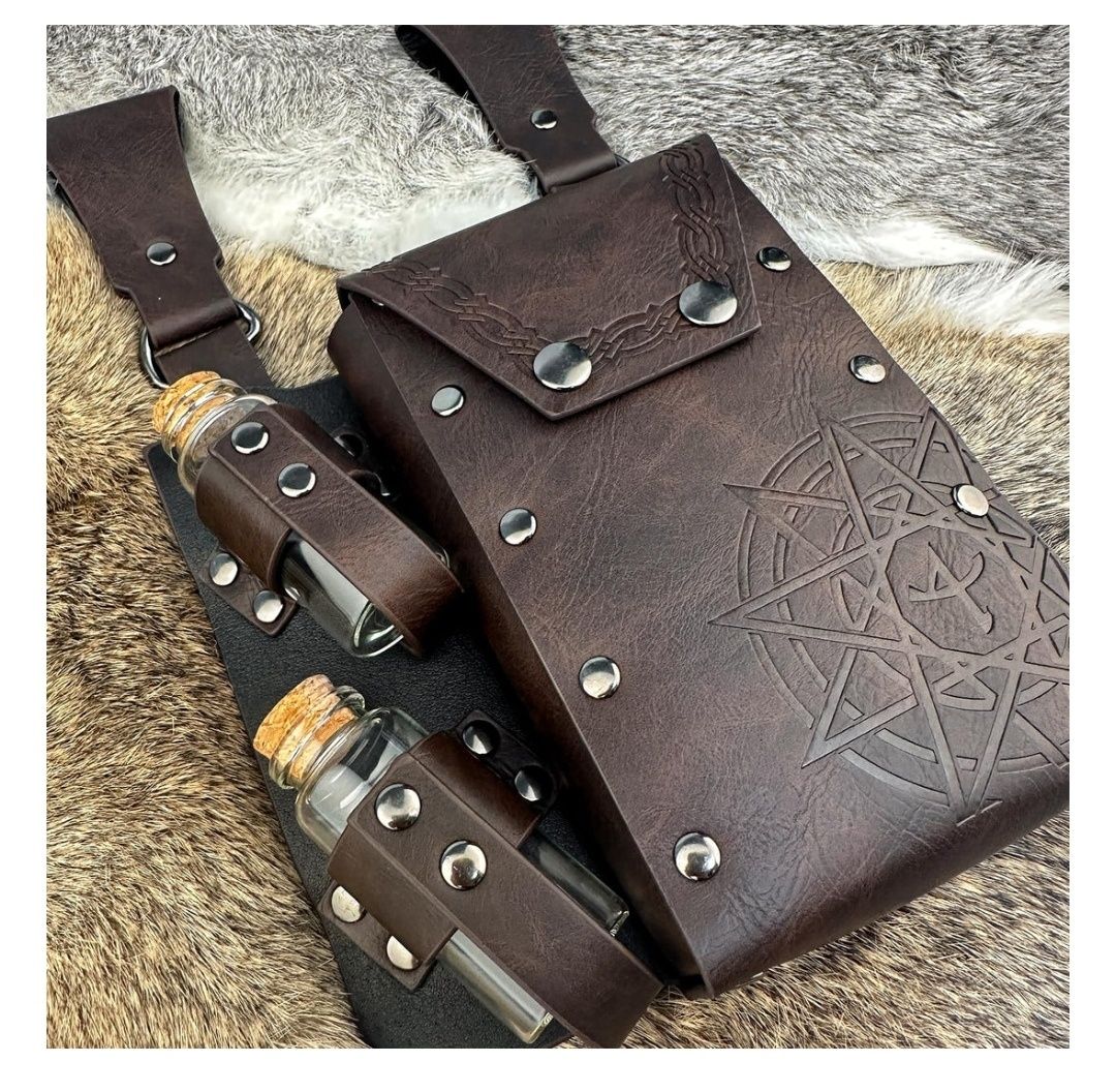HiiFeuer Medieval Alchemy PU Skórzana torba na pasek z 4 fiolkami z mi