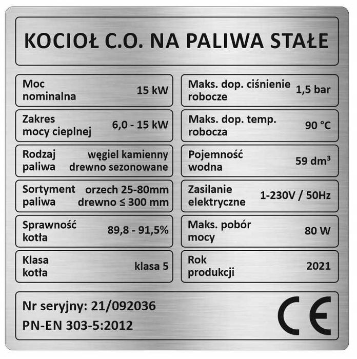 Tabliczka znamionowa kotła 5 klasa