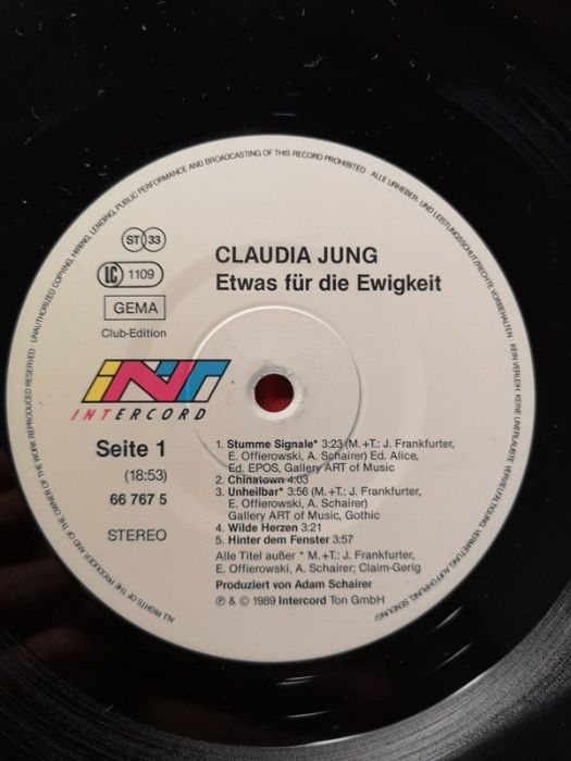 Claudia Jung PŁYTA WINYLOWA ROCK POP MUZYKA 1989 Etwas fur die ewigkei