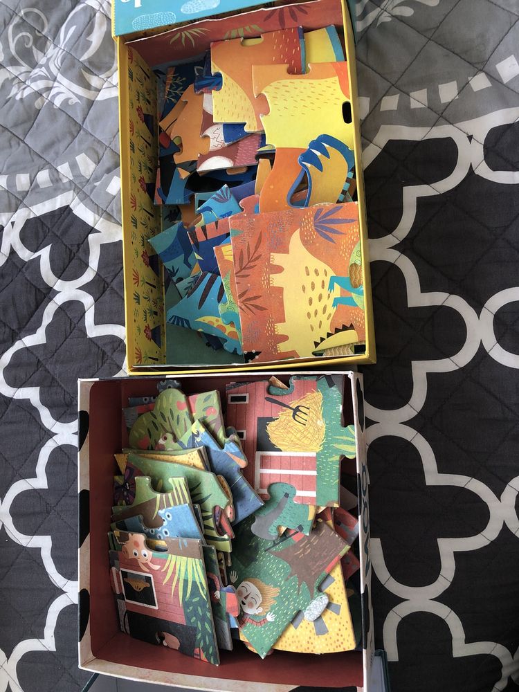 2 pudełka puzzli Londji Moo i T-Rex