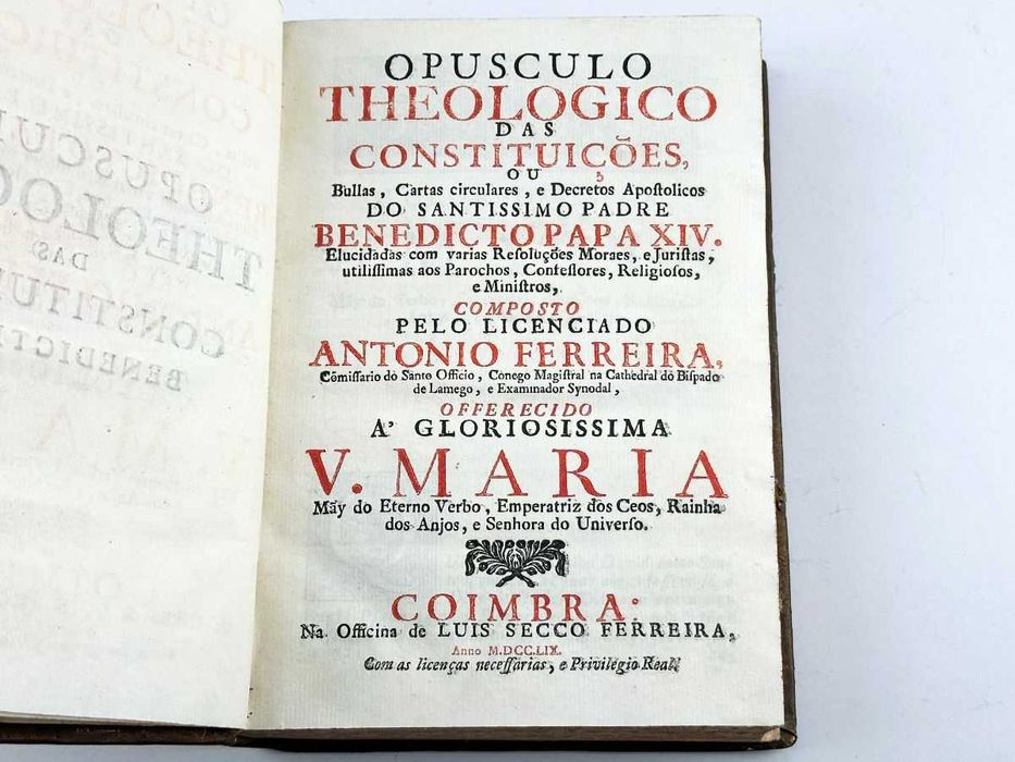 Livro religioso antigo - Opúsculo Theologico das Constituições 1759