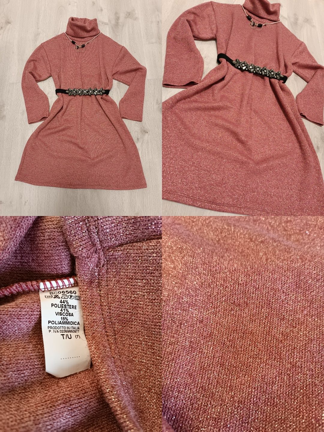 Sukienka nowa bez metki golf brokat pudrowy róż uniwersalna S M L XL