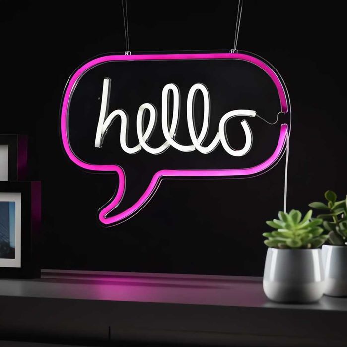 Neon HELLO Biało-Różowy LED Świecący Napis USB Stojący Wiszący