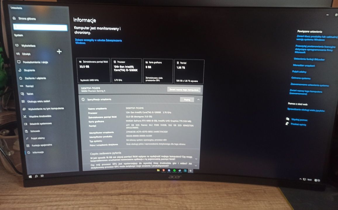 Monitor Gamingowy Acer 27 cali na gwarancji Zakrzywiony Ekran