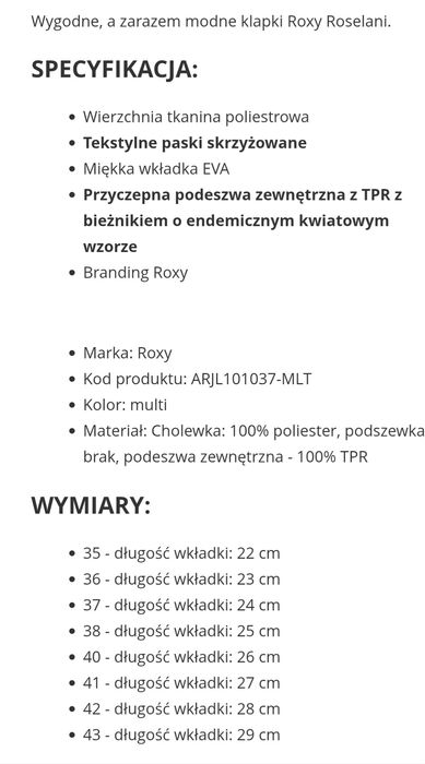 Klapki damskie Roxy Roselani rozm. 40
