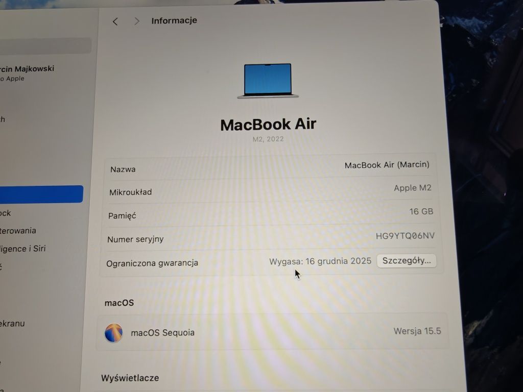 Apple MacBook AIR M2 Gwarancja 12/2026 13" 16/256 8CPU/8GPU