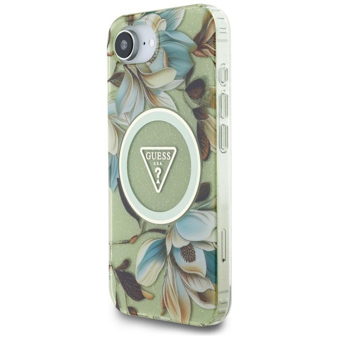 Etui GUESS IML Metal Glitter Flowers Triangle MagSafe do Iphone 16e