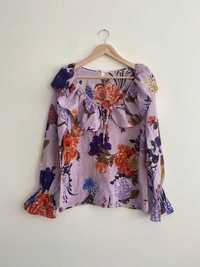 fioletowa bluzka w kwiaty H&M 34 XS z falbanką kwiatowa wzorzysta
