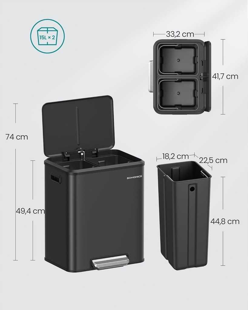 LTB544B02 SONGMICS Kosz na śmieci, 2 x 15 l Podwójny na śmieci WGIOTKA