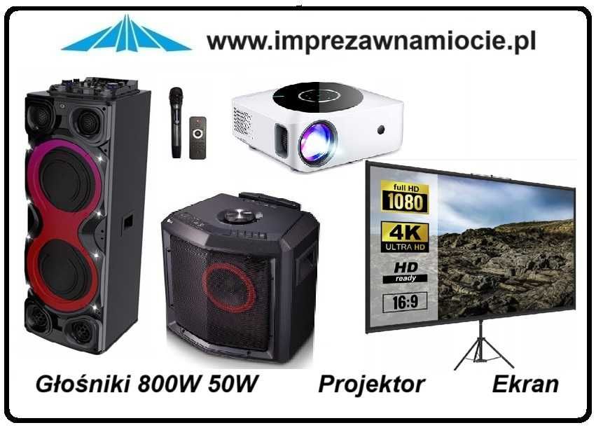Głośniki nagłośnienie projektor rzutnik ekran wytwornica dymu disco