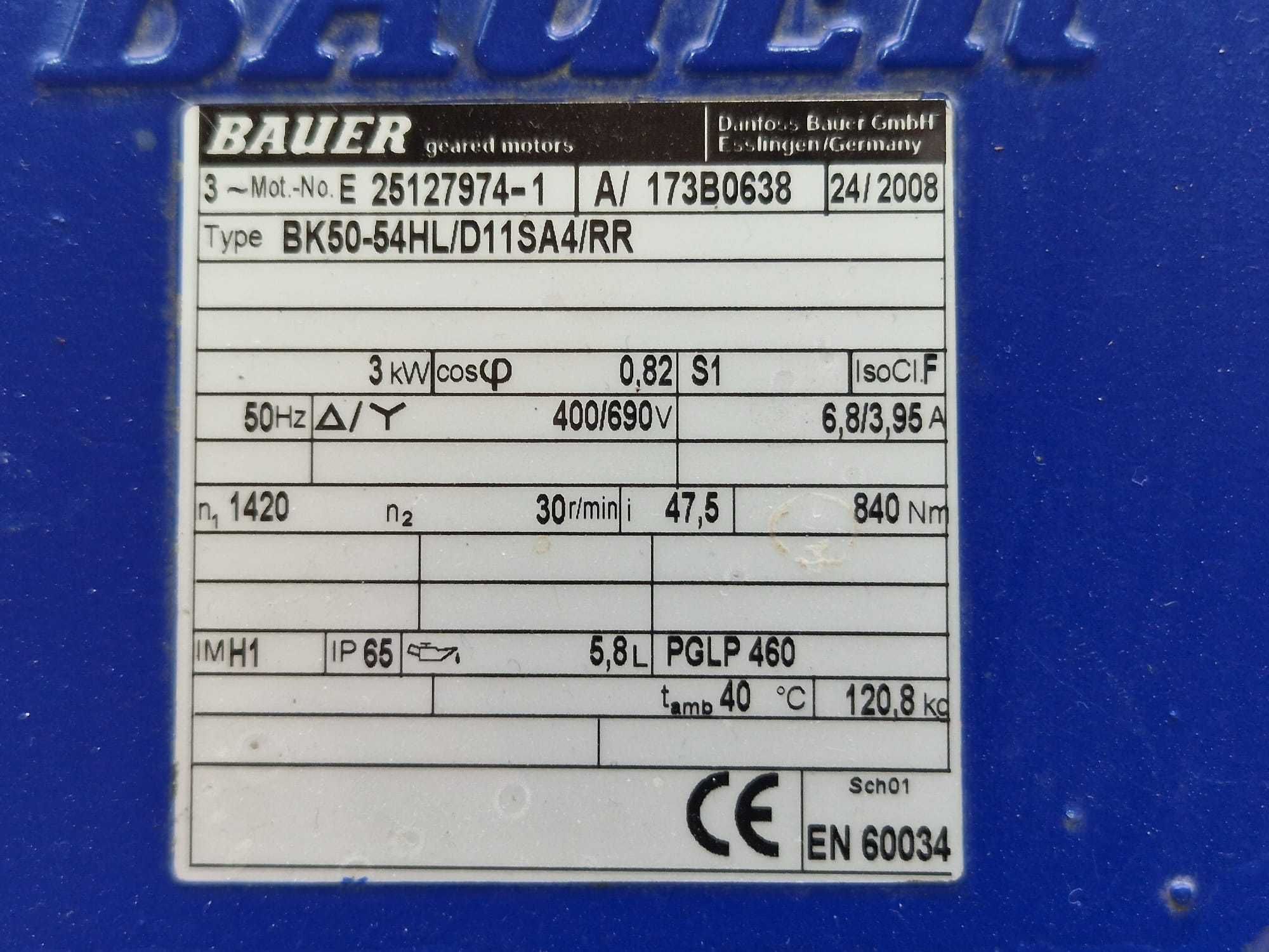 Motoreduktor BAUER 3 kW 30 obr./min z hamulcem