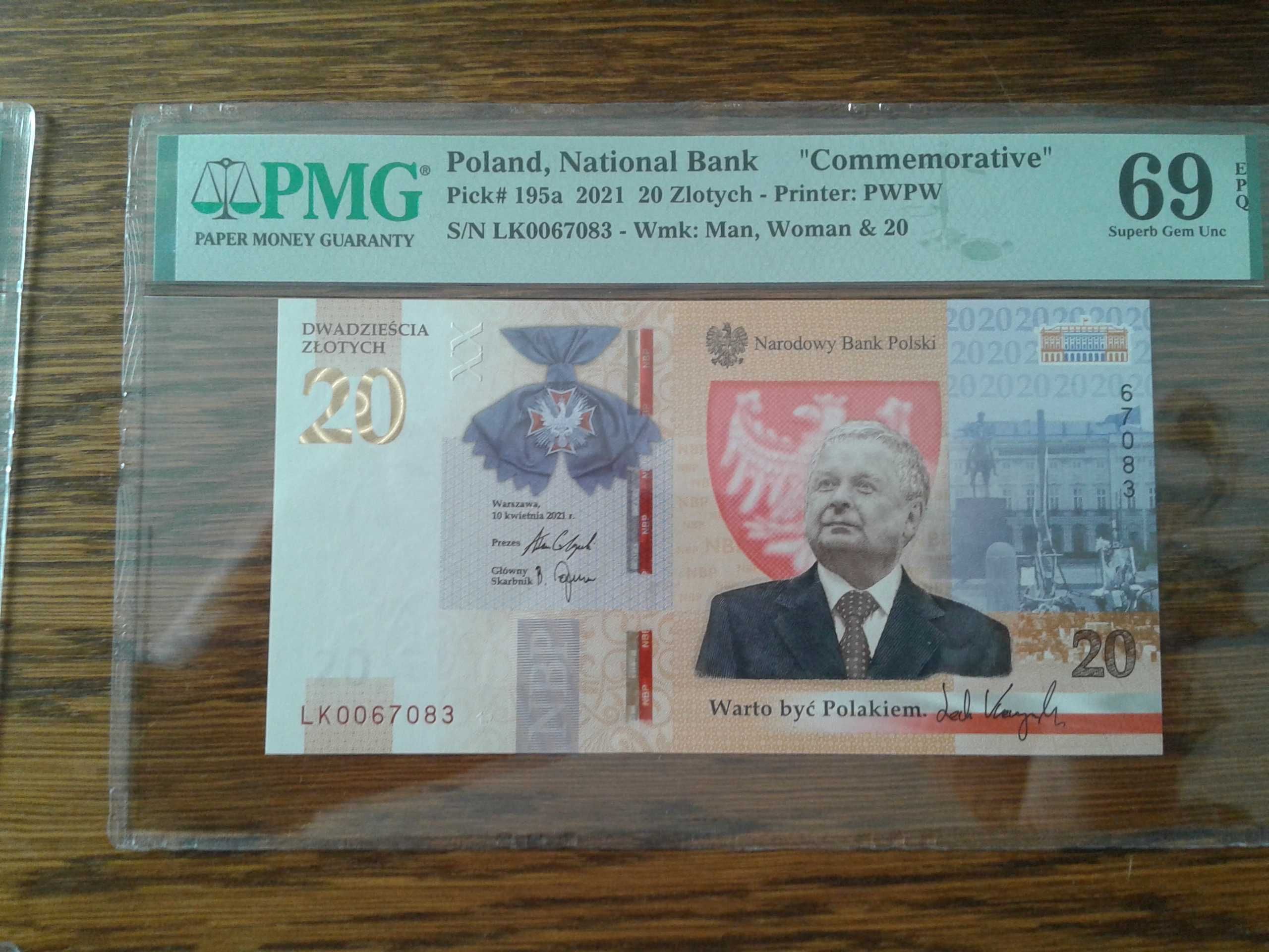 Banknot 20 zł Lech Kaczyński - 2021 - grading PMG 69