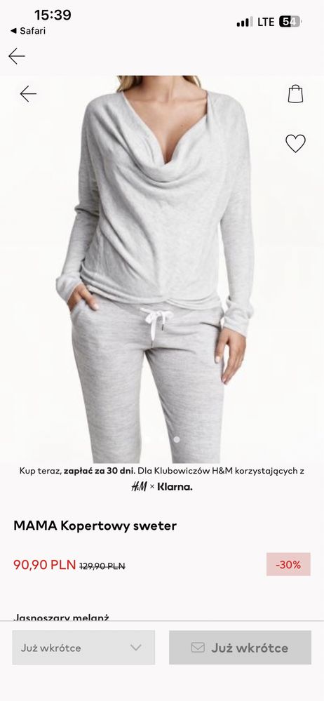 H&M szary sweter kopertowy ciążowy MAMA 38