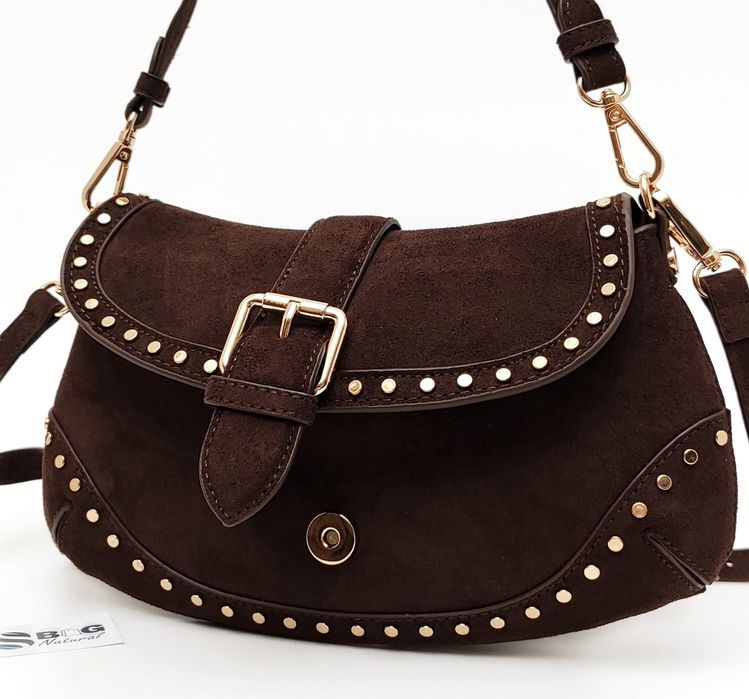 Torebka Flora & CO Paris Zamsz Brązowa Czekoladowa Ćwieki Listonoszka