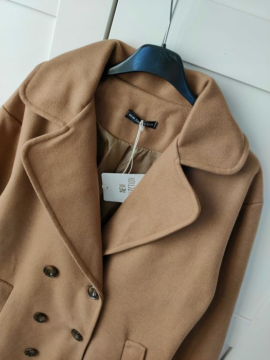 Elegancki płaszcz beż karmel camel klasyk midi długi 40 L