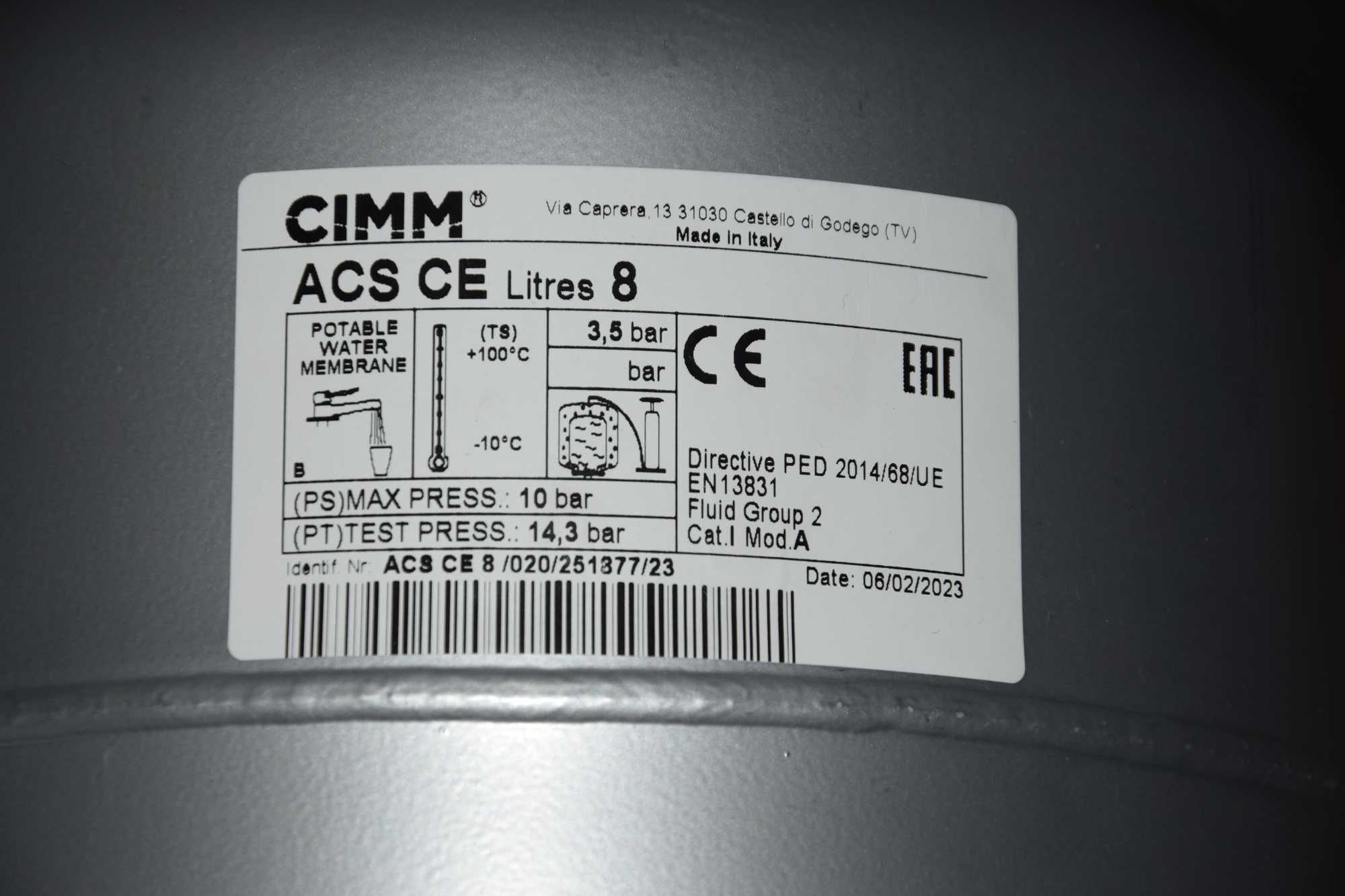 Naczynie przeponowe  Cimm ACS 8l CE 3,5/10bar -10..+100 °C
