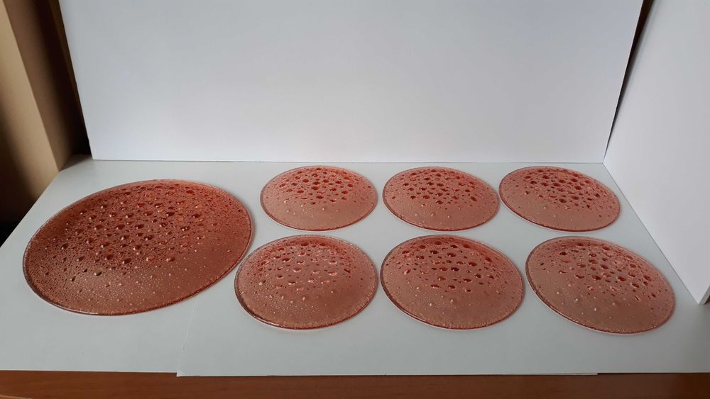 Zestaw: talerz + 6x talerzyk ASTEROID, Ząbkowice, kolorowe szkło PRL