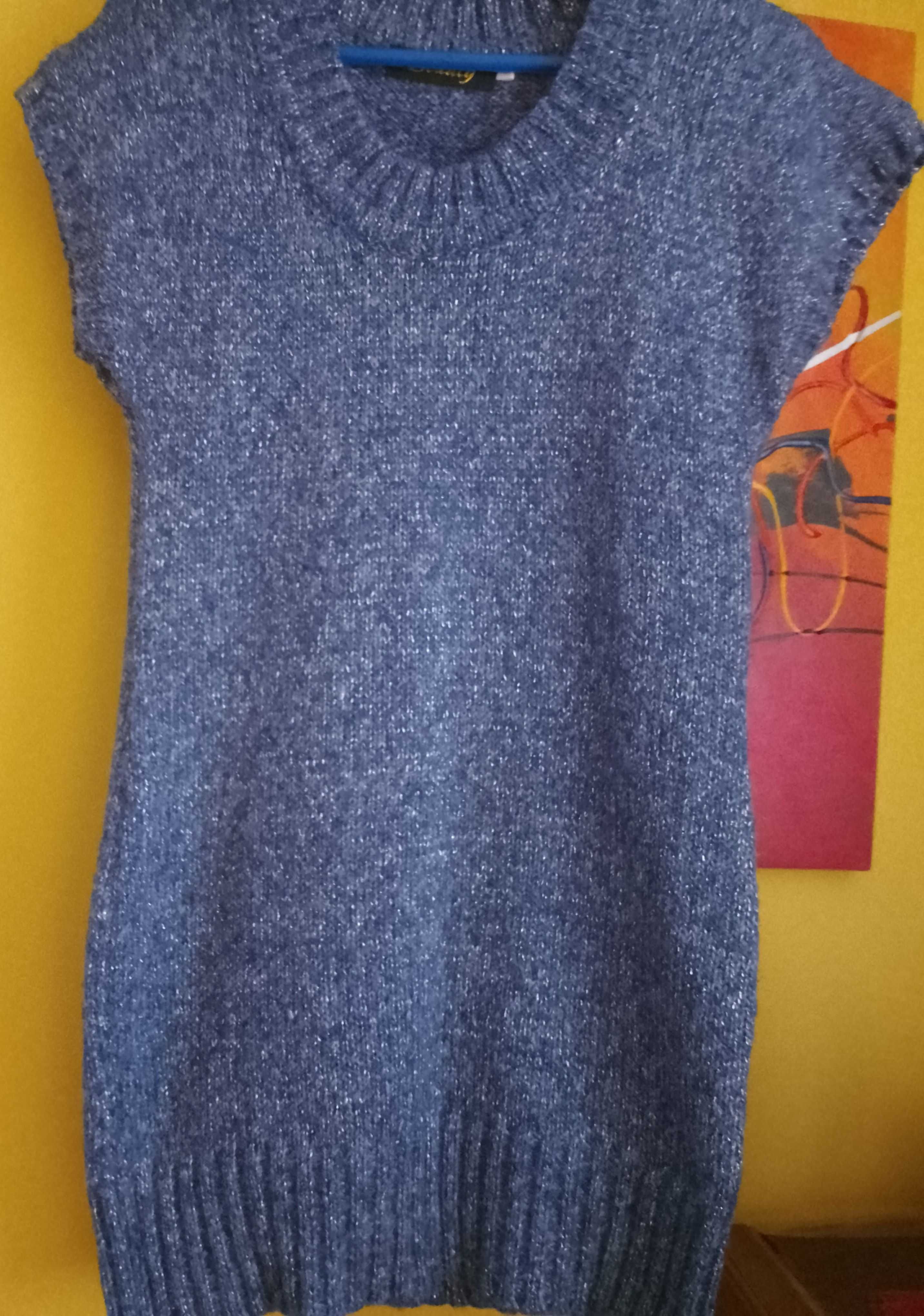 sweter niebieski/srebrna nitka bez rękawów dłuższy 38 M