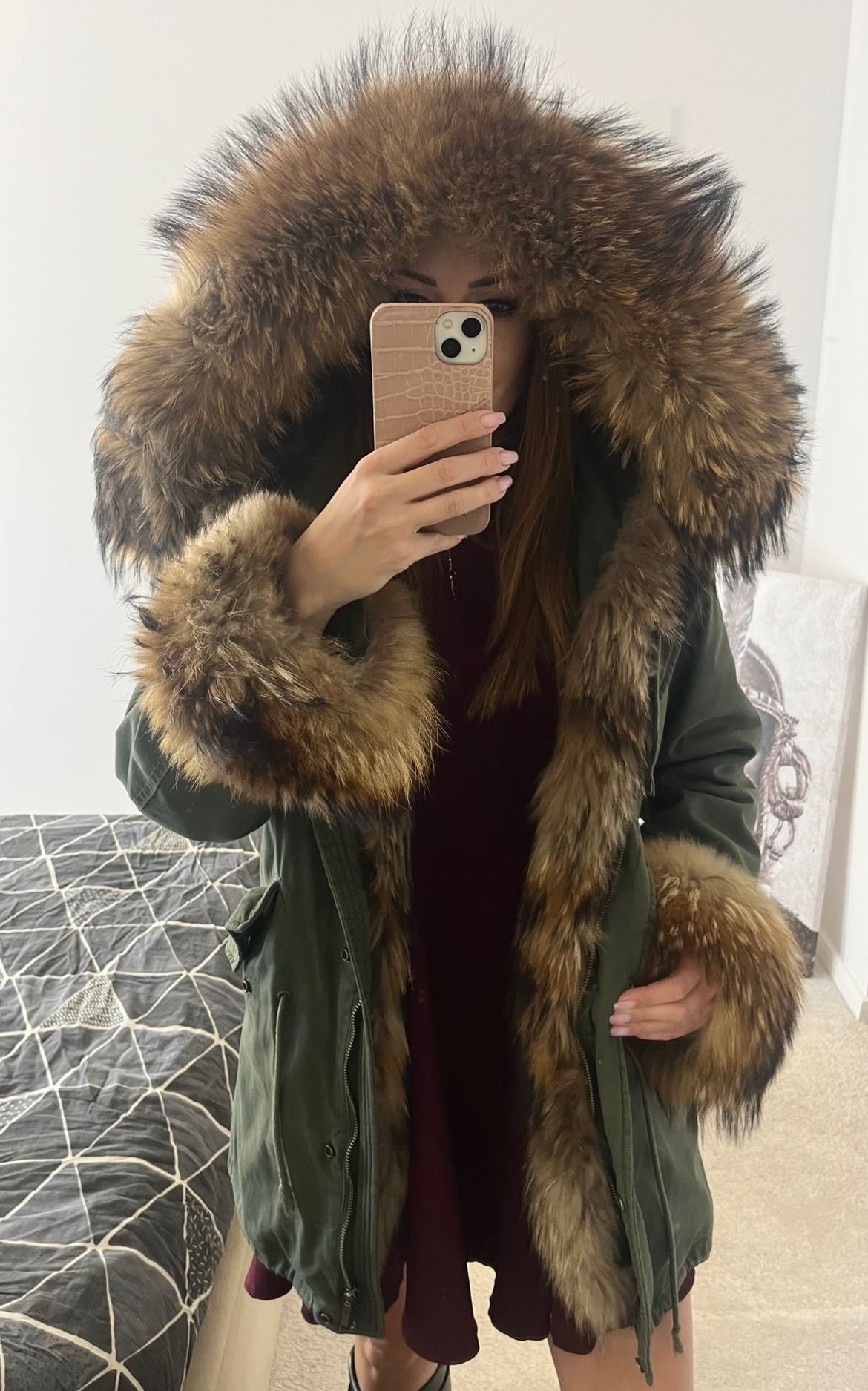 Płaszcz zimowy zielony khaki S/M parka z futerkiem jenotem kapturem