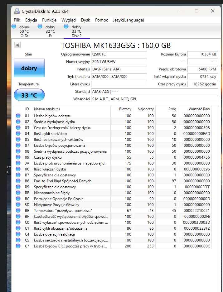 Dysk twardy TOSHIBA MK1633GSG 1.8" 160gb