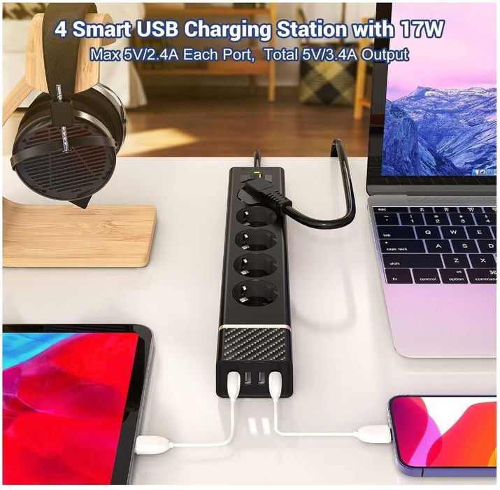 Listwa zasilająca 5 gniazd 3m 4USB ochrona przepięciowa 2400W/10A