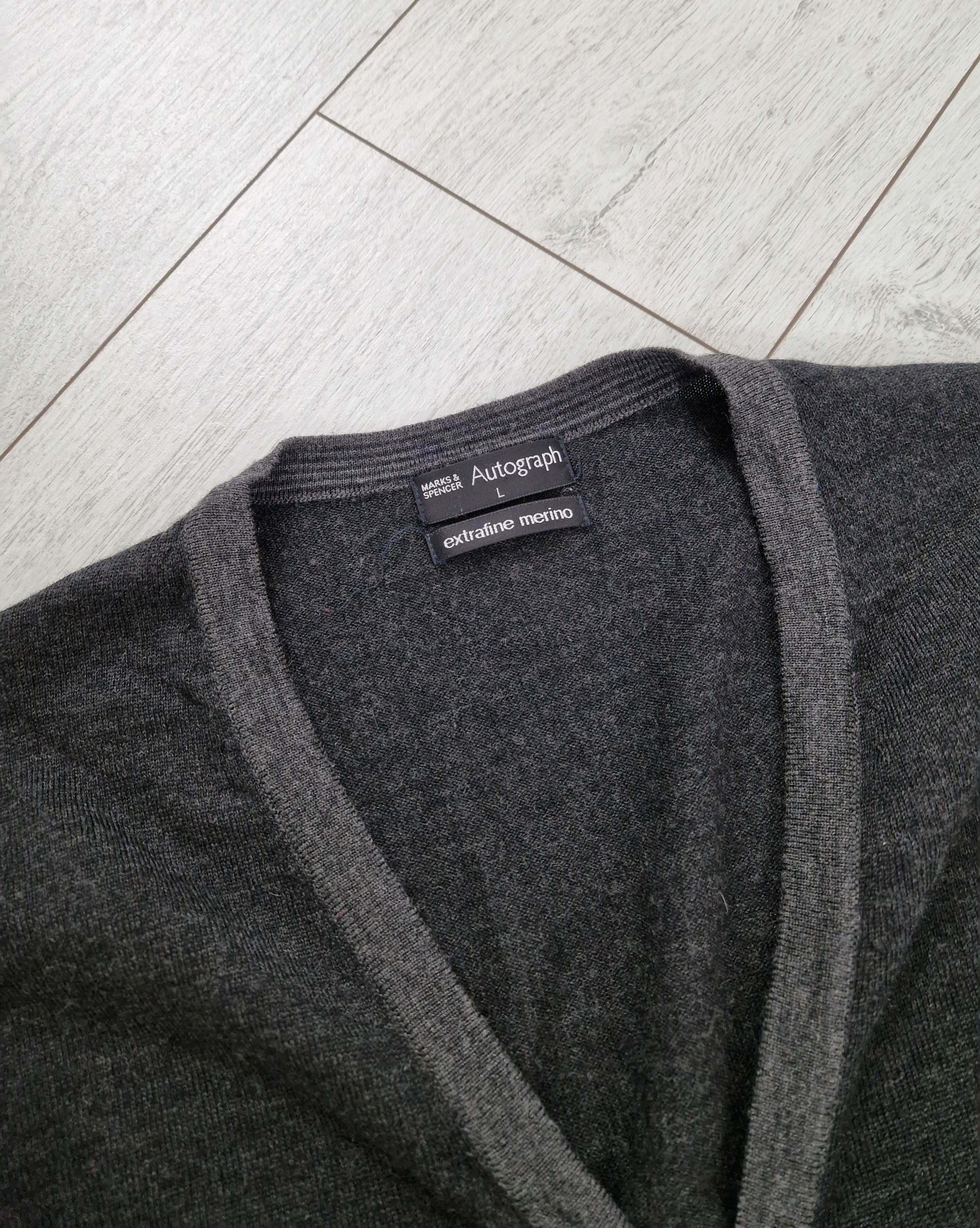 Marks&spencer ciemnoszary wełniany kardigan 100% wełna merino L