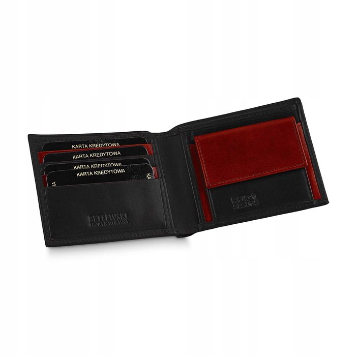 Skórzany Portfel Męski Betlewski HARRY RFID Slim Czarny Logo