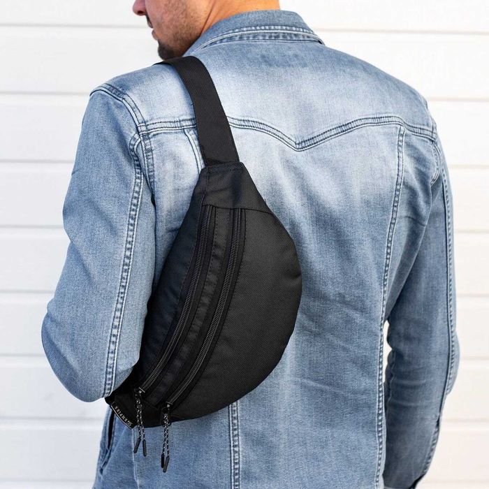 Містка поясна сумка (бананка) Saturn через плече чорна тканинна