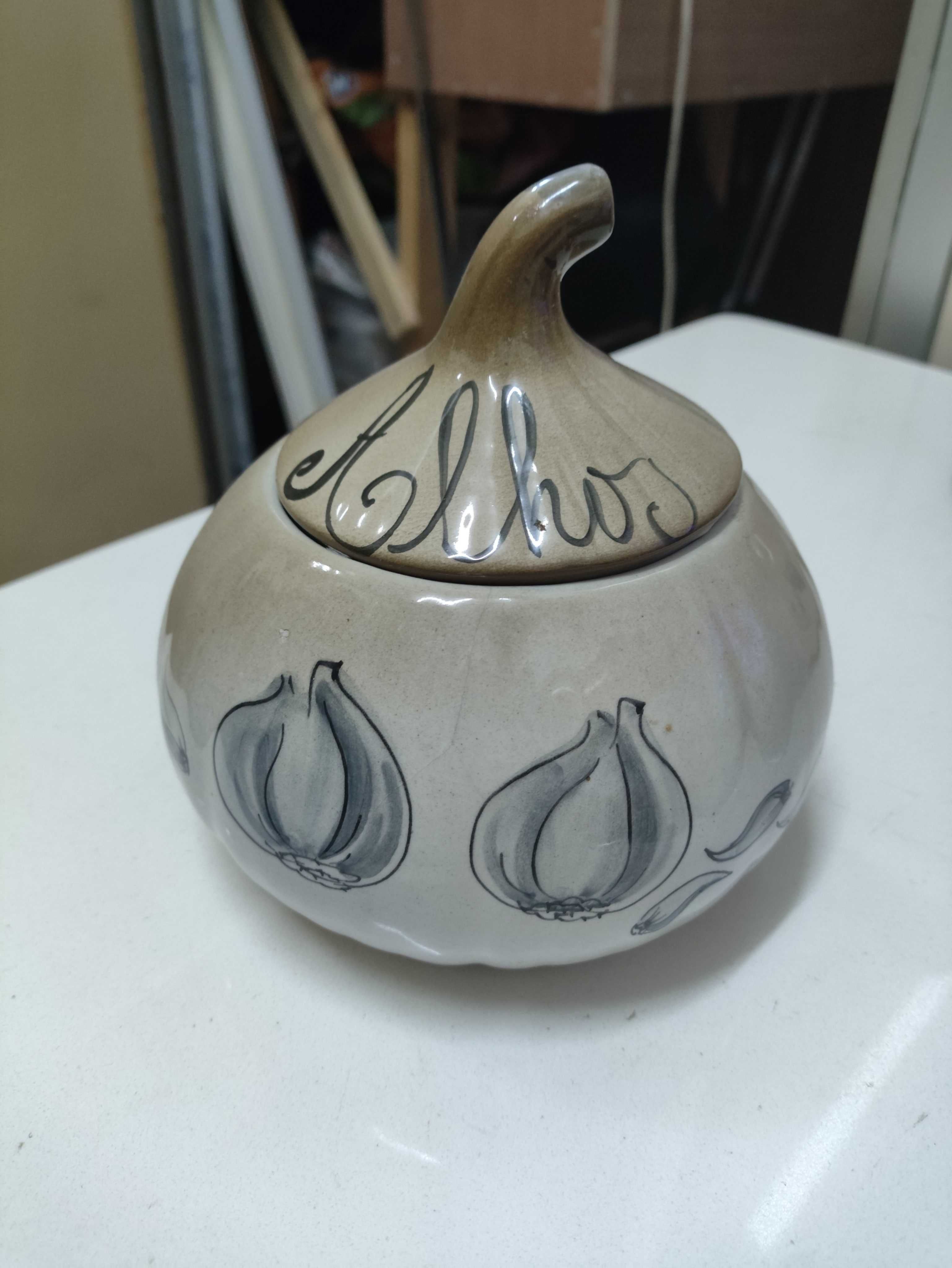 Vintage Antigos Pote cebolas e alhos em ceramica