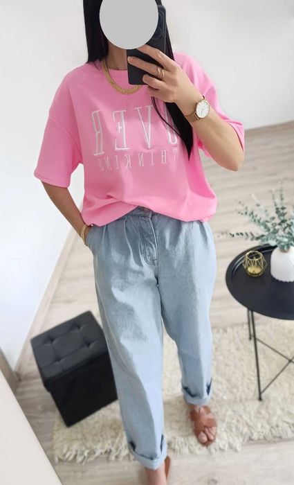 NOWY t-shirt oversize landrynkowy róż 34 XS