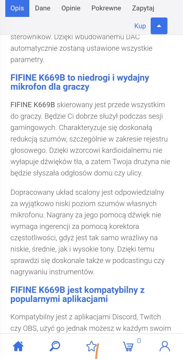 Mikrofon gamingowy Fififne k669b pojemnościowy statyw