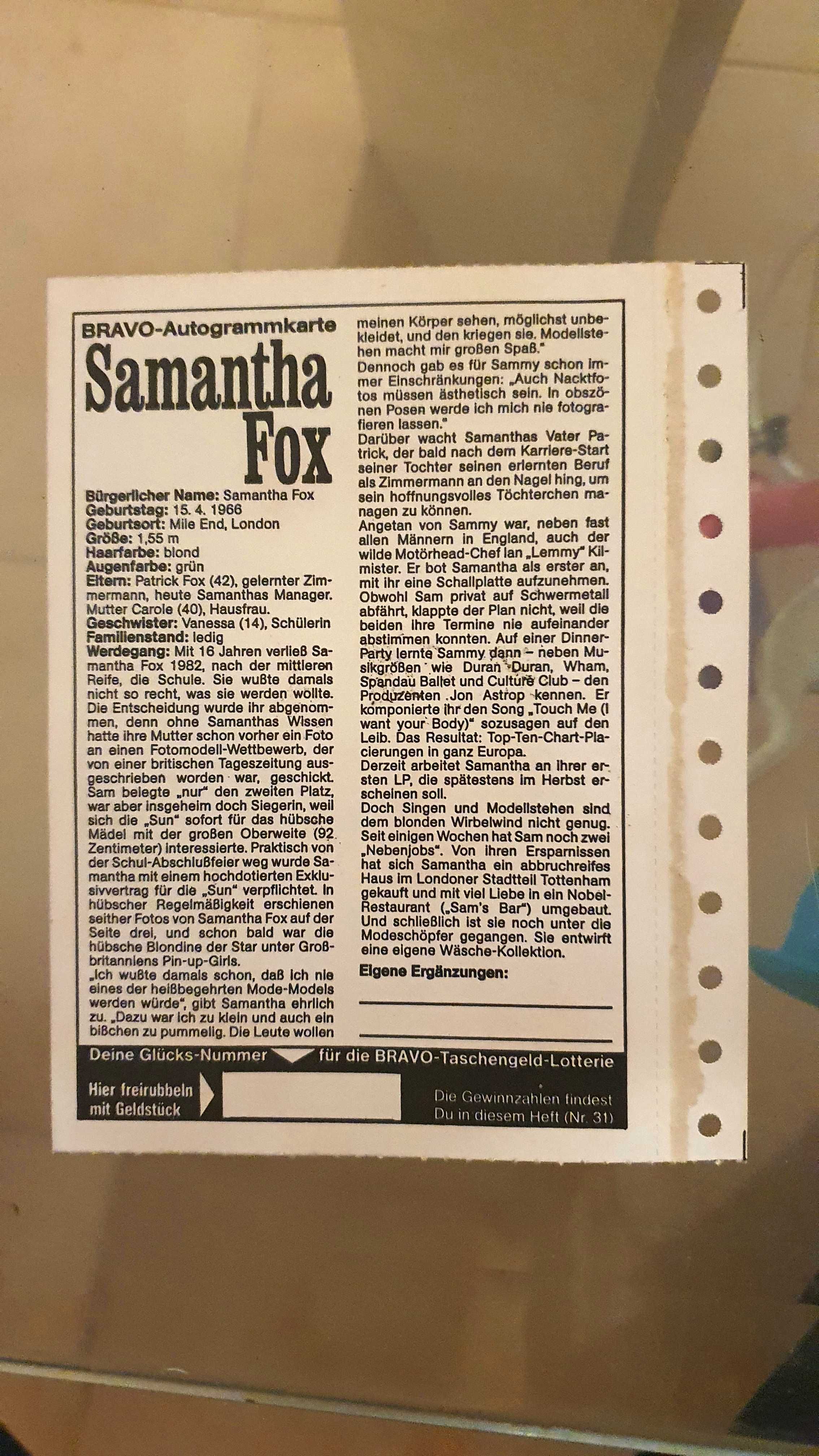 Autogram Card Original - Samantha Fox