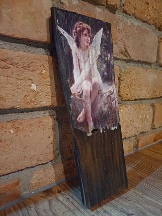 Obrazek aniołek na starej desce drewnianej (handmade)