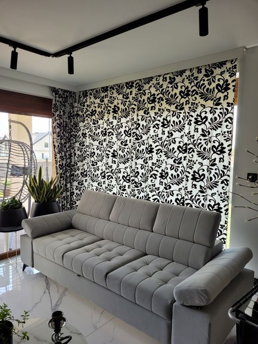 Komplet 2 dużych zasłon Eurofirany, welurowy wzór kwiaty/liście