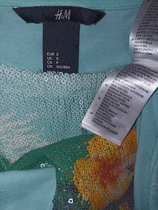 Cekinowa tunika H&M w kwiaty turkus Rozmiar S/M/L
