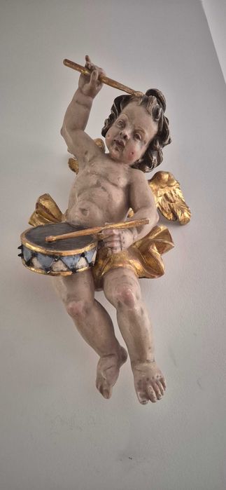 Antyk stara drewniana rzeźba aniołek putto cherubin barok unikat