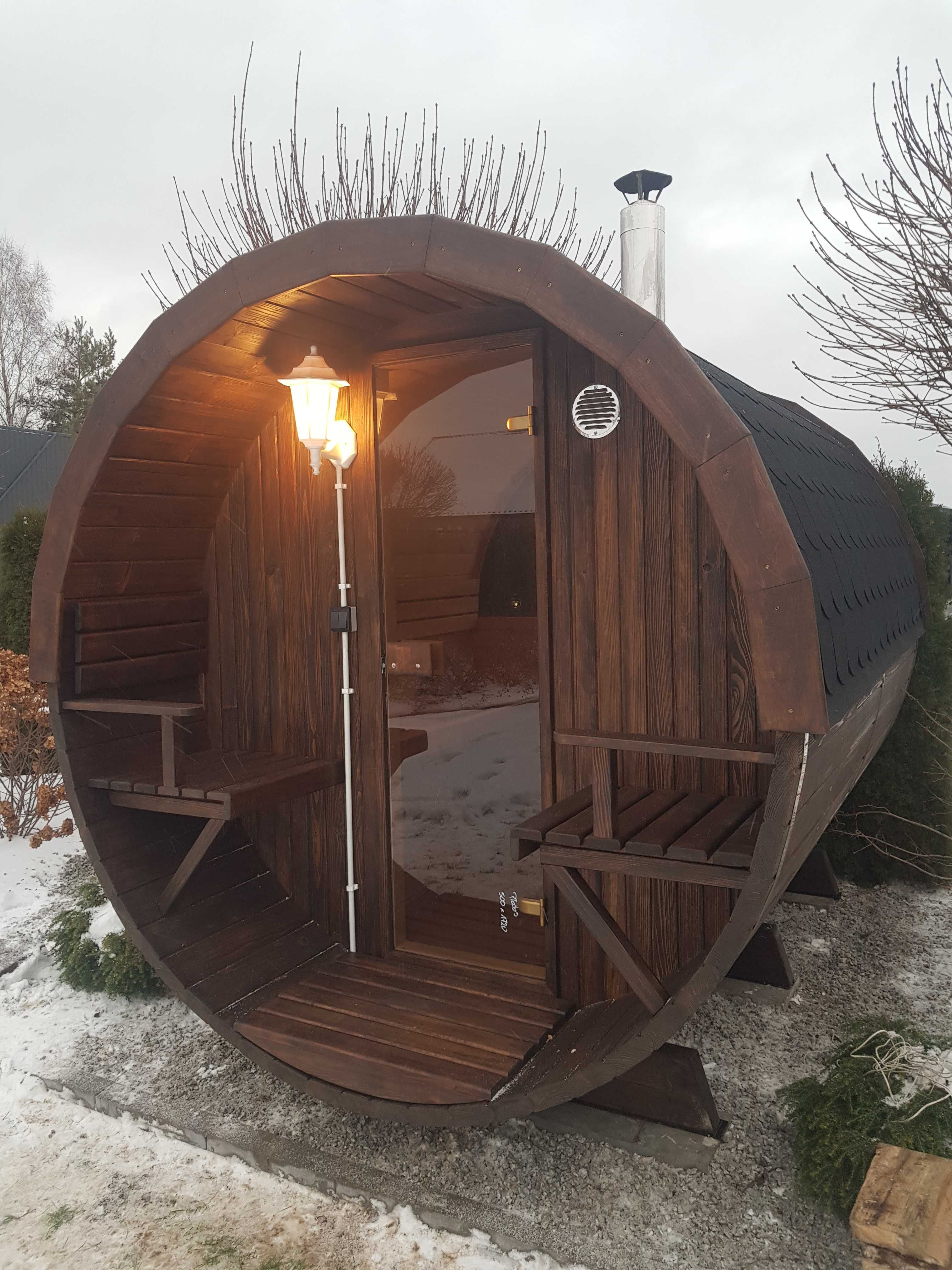 Sauna ogrodowa drewniana z tarasem beczka piec drewno 2,5m szyba 50%