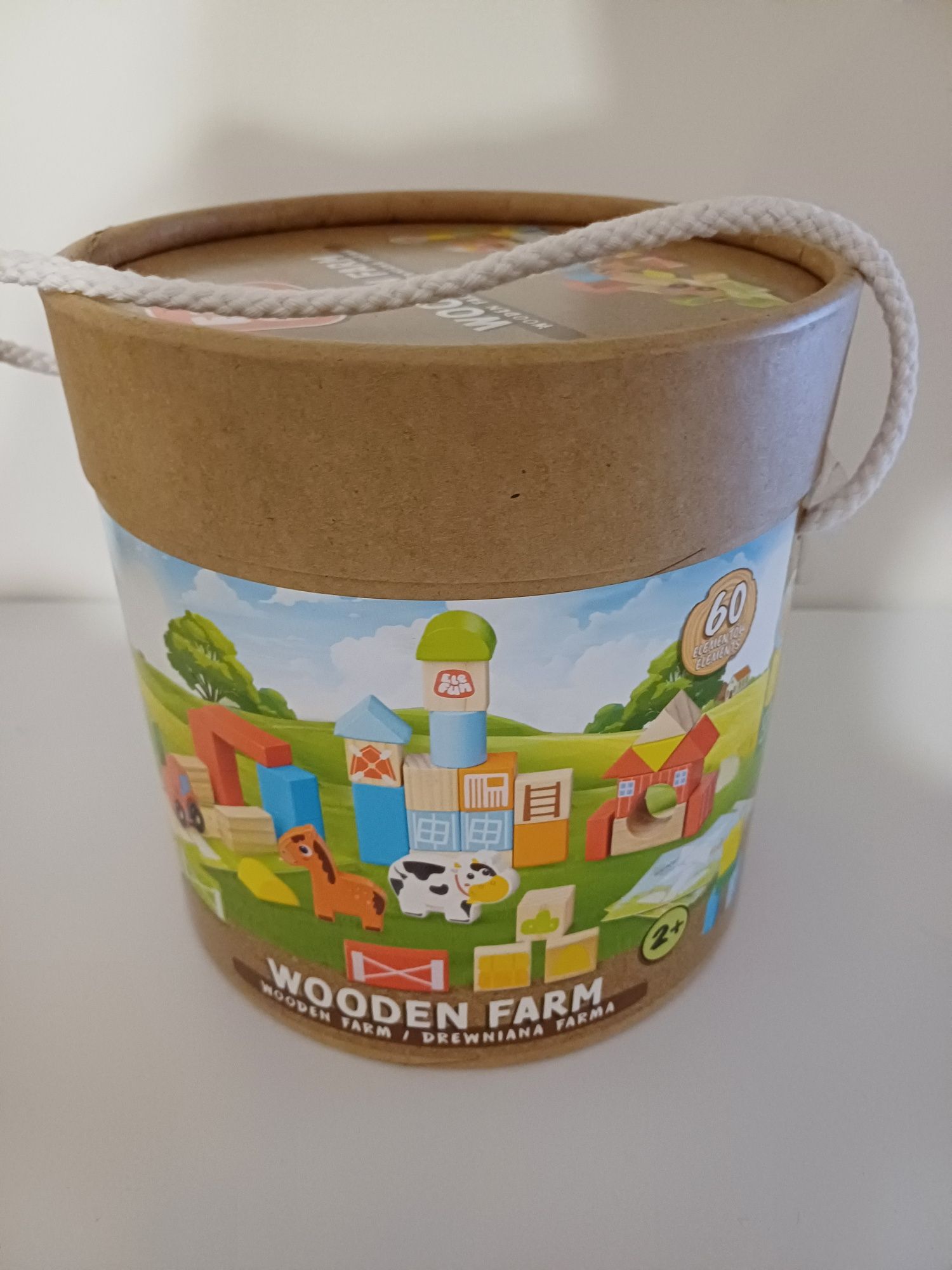 Klocki drewniane NOWE- Farma Elefun,  klocki w wiaderku