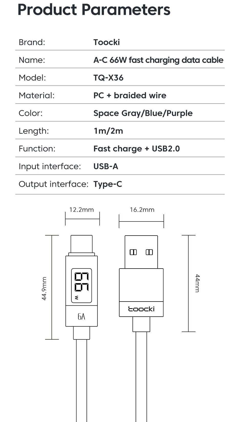 Kabel Toocki USB -USB typ C 2 metry 66W Wyświetlacz Full LED