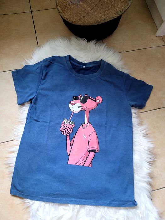 Niebieski t-shirt z nadrukiem w stylu vintage pantera 34 XS